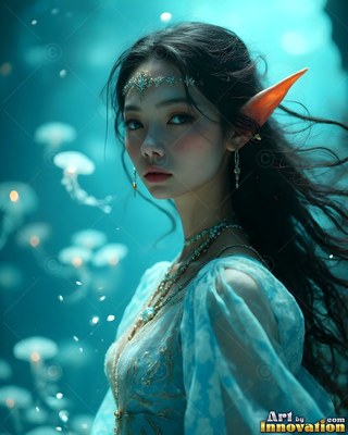 Floating underwater, an elf woman in a light blue dress looks out past soft jellyfish