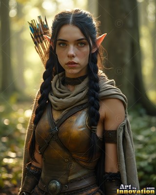 An elf woman in leather armor carrying arrows in a forest