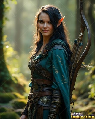 Pointed ears frame a dark-haired elf woman in green leather armor carrying a bow in a forest in the sun