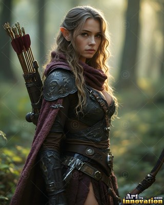 Facing forward in a green forest, an elven woman wears leather armor and arrows