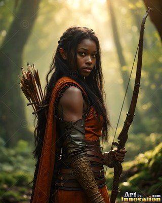 A Black elf woman holds a tall wood bow in a sunny forest