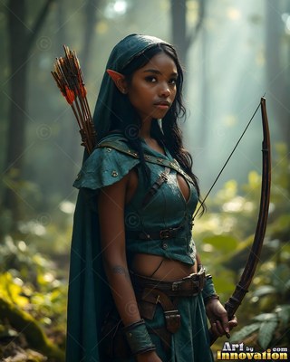 In a forest in sunlight, an elf woman in green holds a wooden bow