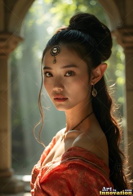 Gazing forward, an elf woman in an orange dress stands between sunlit stone arches