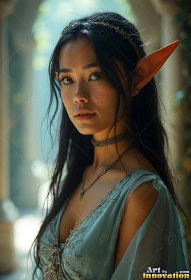An elf woman with long dark hair and pointed ears in a blue dress