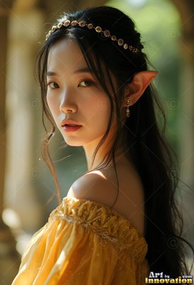 Wearing a beaded headband, an elf woman in a yellow dress looks back in a sunny garden