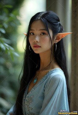 An elf woman looks forward in soft natural light wearing pale blue silk