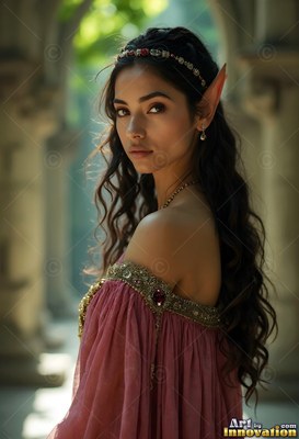 An elf woman in a pink dress looks back over her shoulder in a stone hall