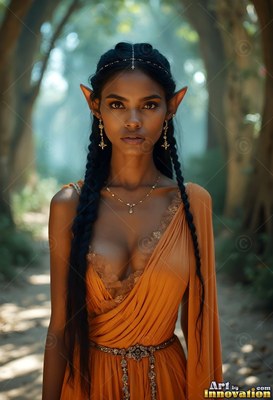 In a shaded forest path, an elf woman with long braids stands in an orange dress