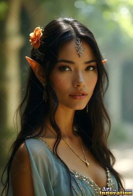 Facing forward outdoors, an elf woman with pointed ears wears a light blue dress