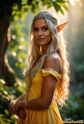 An elf woman in a yellow dress and crown in a forest