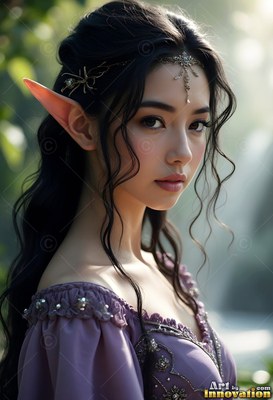 Pointed ears frame a dark-haired elven woman in a purple dress outside in soft light
