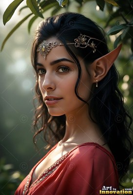 An elf woman turns her head outdoors while soft green light filters through leaves
