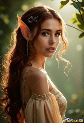 An elf woman with long brown hair looks over her shoulder in the woods
