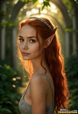 In a sunlit garden archway, a red-haired elf woman looks over her shoulder
