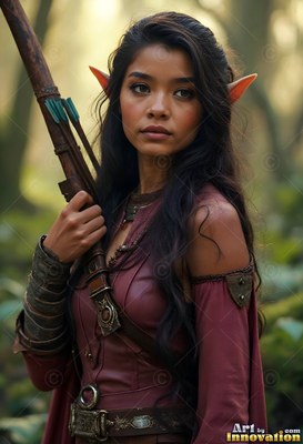 Elf woman with long dark hair holding a bow in the forest