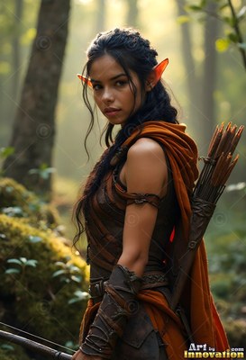 Wearing an orange hooded cloak, an elf woman carries arrows in a sunny forest