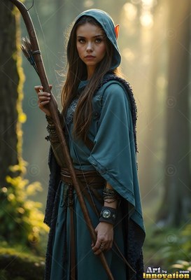 An elf woman holds a tall wooden bow in a forest with soft sunlight behind her