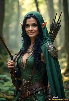 Facing forward in a green forest, an elf woman grips a bow in a hooded travel cloak