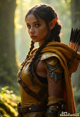 An elf woman with braided hair wears yellow leather armor in a sunny forest