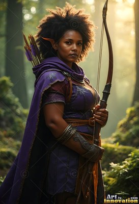 In a sunny forest, an elven woman in a purple cloak holds a wooden bow