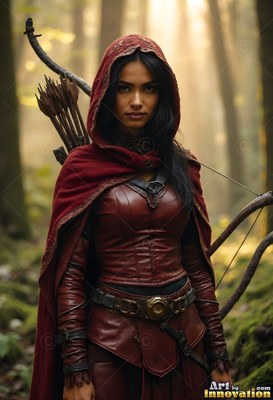 Standing in a misty forest, a woman carries a bow and arrows in a red hooded cloak
