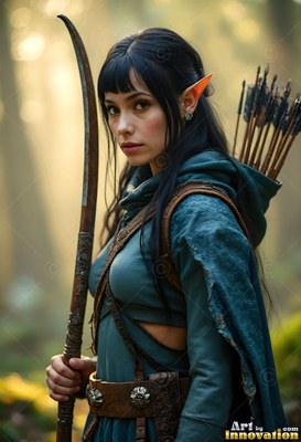 Elf woman in green holding a bow in a misty forest