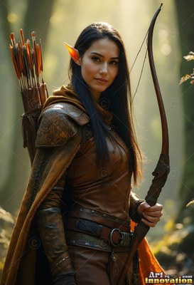 A hooded leather cloak wraps a pointed-eared woman holding a bow in a forest in the sun