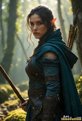 An elven woman holds a staff in a forest with soft sunlight on her green cloak