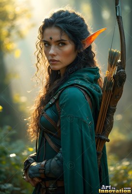 Facing forward in the woods, an elf woman carries a wood bow and green cloak