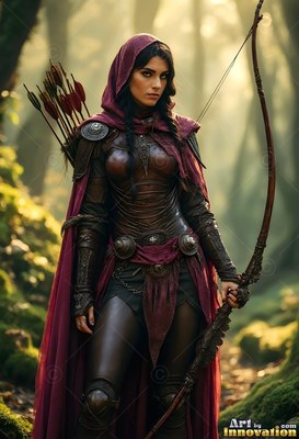 A hooded woman in leather armor holds a longbow in a forest in sunlight