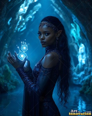 In a blue cavern, an elf woman in a dark dress holds bright symbols