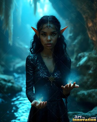 Holding blue sparks, an elf woman in a black dress stands in a cave