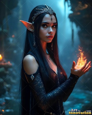 Dark-haired elf woman in black holding fire in a cave
