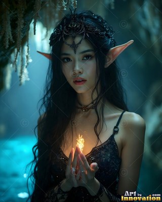 Wearing a black crown in a dim cave with blue light, an elf woman cups a small yellow flame