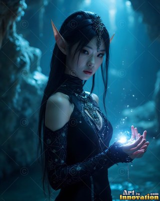 An elf woman in black holds bright sparkles in deep blue light