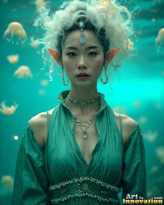 Facing forward underwater, an elven woman wears a green dress among jellyfish