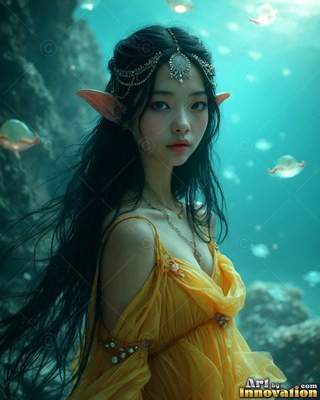 An elf woman in a yellow dress floats underwater among tiny jellyfish