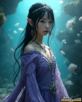 Under the sea, an elf woman with pointed ears wears a purple dress and tiara