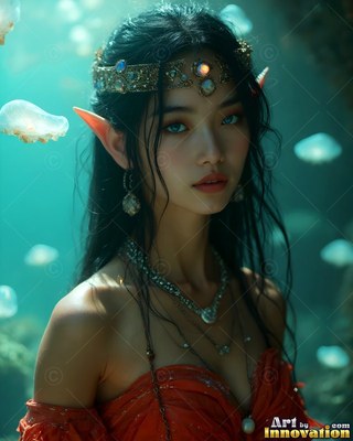 Swimming underwater, an elf woman wears a jeweled crown and an orange dress near jellyfish