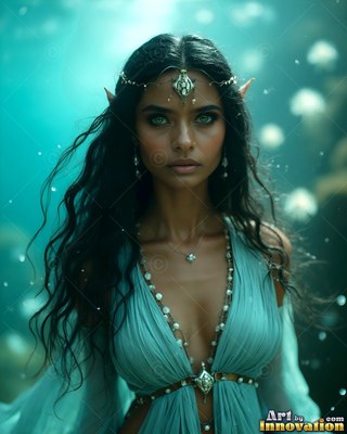 Elf woman with dark hair in a light blue dress underwater