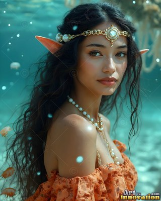 A pearl headband rests on an elf woman with pointed ears underwater in teal sea