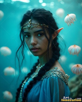 An elf woman looks forward under water surrounded by pale floating jellyfish in turquoise light