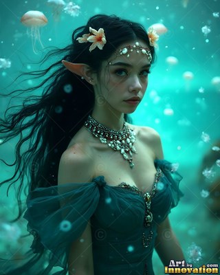Facing forward underwater, an elf woman wears a dark green dress near small jellyfish