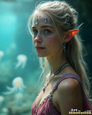 A blonde elf woman in a pink dress underwater near jellyfish