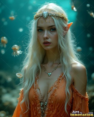 In deep green water, a blonde elf woman wears a gold crown near jellyfish