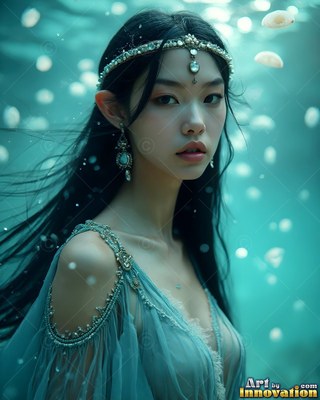 Floating underwater, an elf woman wears a pearl headband and a pale blue gown