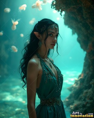 Elf woman in a teal dress underwater near jellyfish