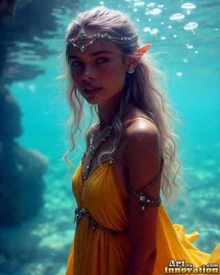 A beaded headband rests on an elf woman in a yellow gown underwater in blue sea