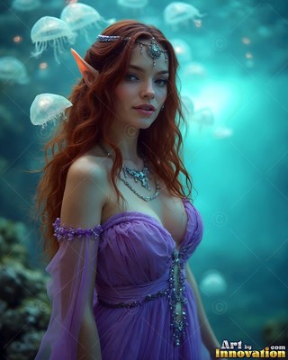 A red-haired elf woman stands underwater near jellyfish in soft turquoise light