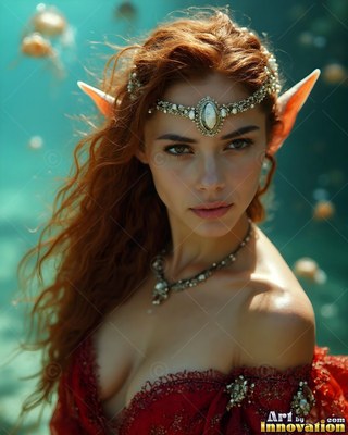 Facing forward underwater, an elf woman with red hair wears a jeweled circlet